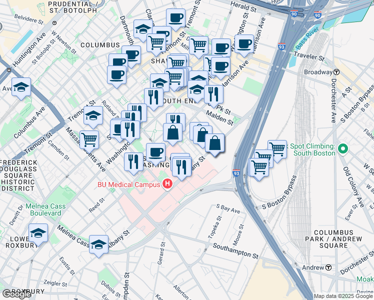 map of restaurants, bars, coffee shops, grocery stores, and more near in Boston
