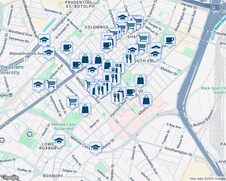 map of restaurants, bars, coffee shops, grocery stores, and more near 19 East Concord Street in Boston