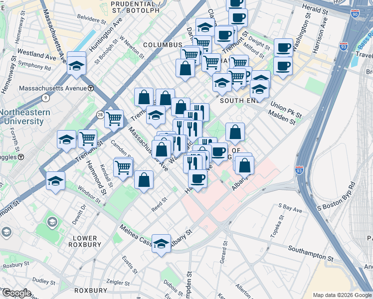 map of restaurants, bars, coffee shops, grocery stores, and more near in Boston
