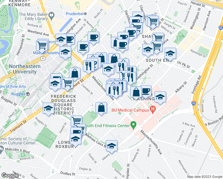 map of restaurants, bars, coffee shops, grocery stores, and more near in Boston