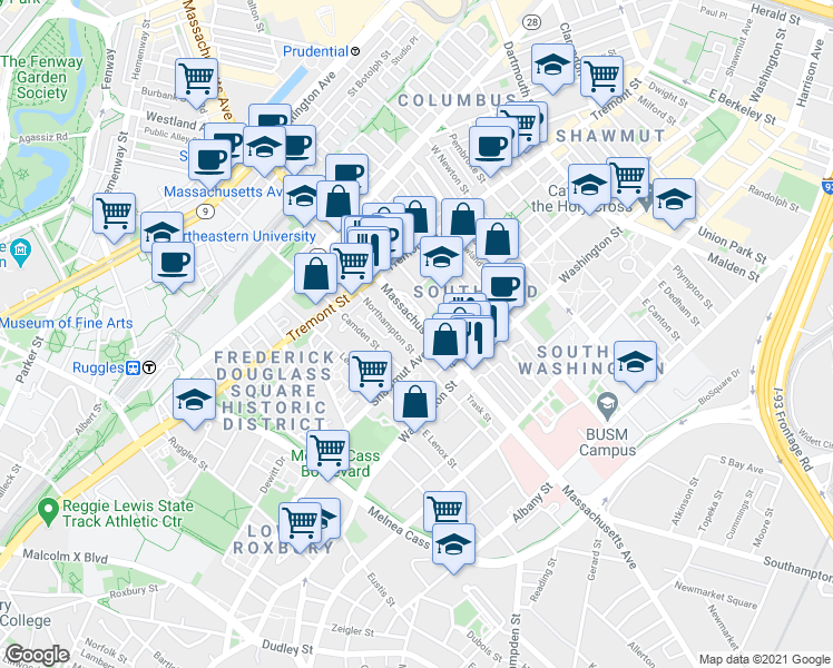 map of restaurants, bars, coffee shops, grocery stores, and more near 179 Northampton Street in Boston