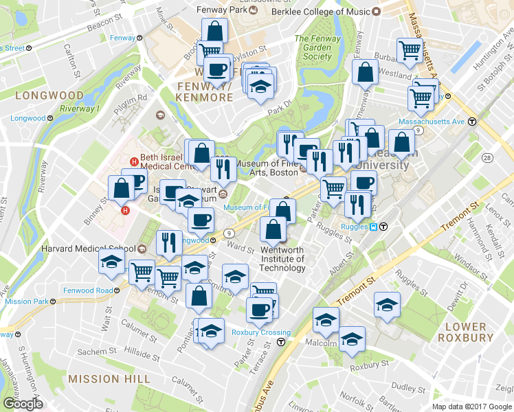 map of restaurants, bars, coffee shops, grocery stores, and more near 19 Vancouver Street in Boston