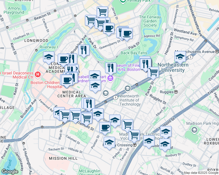 map of restaurants, bars, coffee shops, grocery stores, and more near 30 Evans Way in Boston