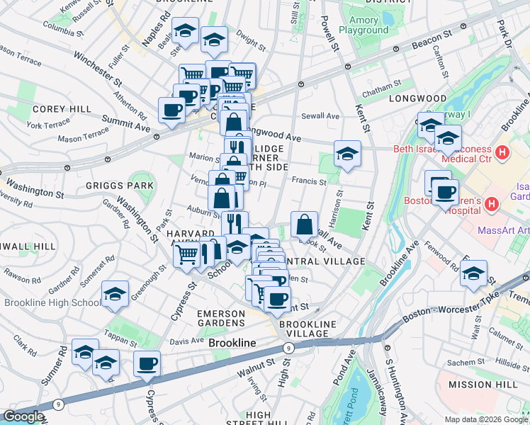 map of restaurants, bars, coffee shops, grocery stores, and more near 4 Saint Paul Street in Brookline