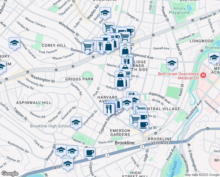 map of restaurants, bars, coffee shops, grocery stores, and more near 9 Auburn Place in Brookline