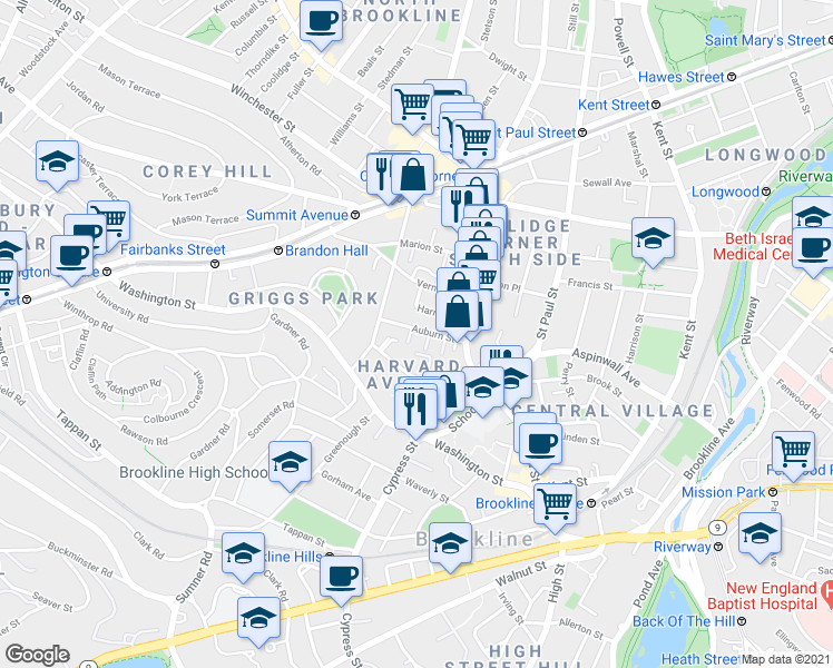 map of restaurants, bars, coffee shops, grocery stores, and more near 9 Auburn Place in Brookline