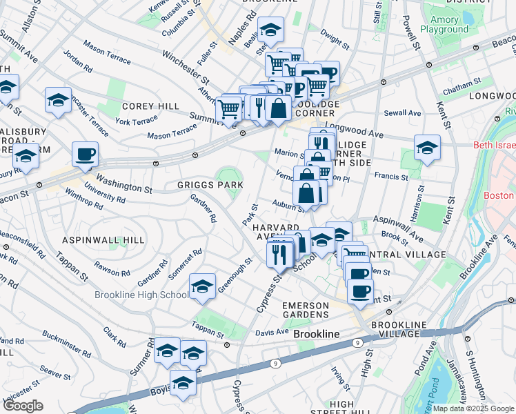 map of restaurants, bars, coffee shops, grocery stores, and more near 32 Park Street in Brookline
