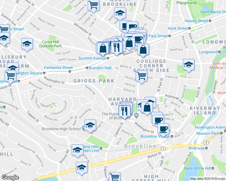 map of restaurants, bars, coffee shops, grocery stores, and more near 32 Park Street in Brookline