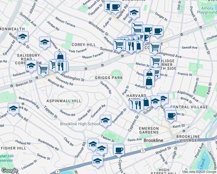 map of restaurants, bars, coffee shops, grocery stores, and more near 25 Gardner Road in Brookline