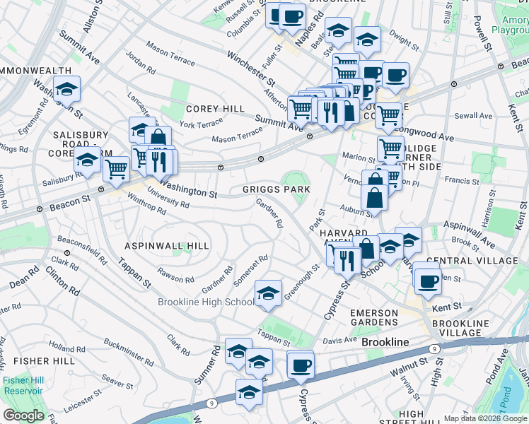 map of restaurants, bars, coffee shops, grocery stores, and more near 25 Gardner Road in Brookline