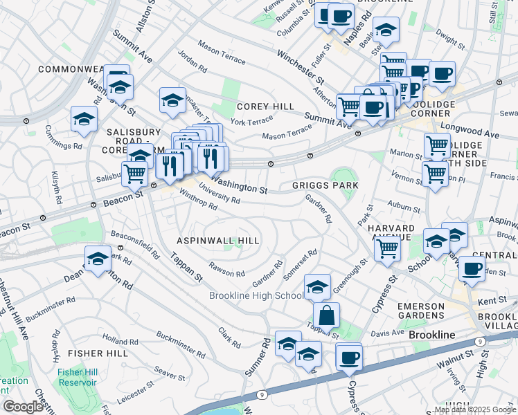 map of restaurants, bars, coffee shops, grocery stores, and more near 107 University Road in Brookline