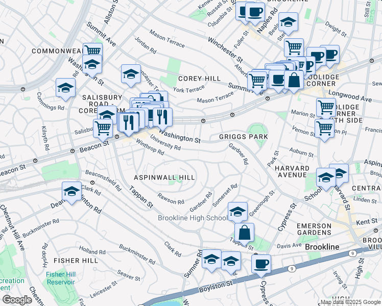 map of restaurants, bars, coffee shops, grocery stores, and more near 107 University Road in Brookline