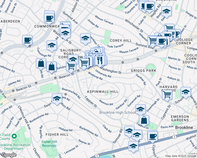 map of restaurants, bars, coffee shops, grocery stores, and more near 148 Winthrop Road in Brookline