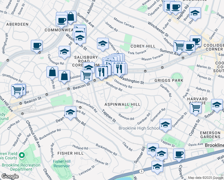 map of restaurants, bars, coffee shops, grocery stores, and more near 10 Claflin Road in Brookline