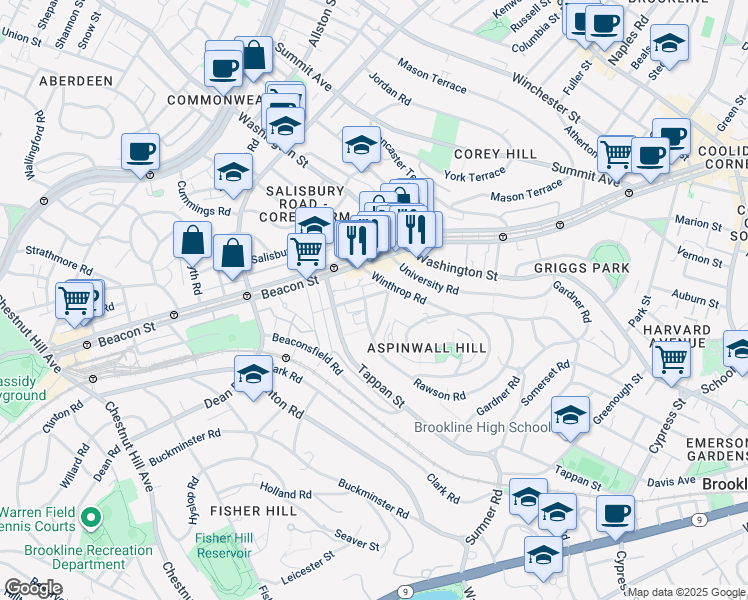 map of restaurants, bars, coffee shops, grocery stores, and more near 10 Claflin Road in Brookline