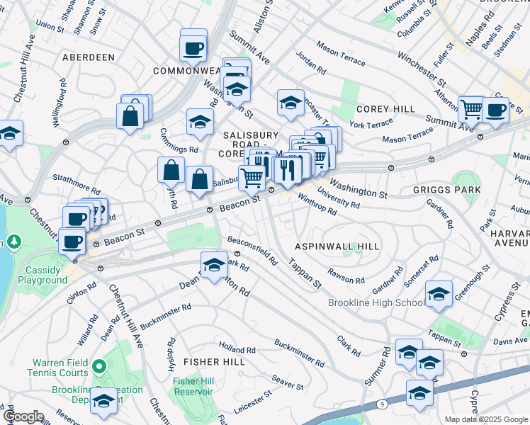 map of restaurants, bars, coffee shops, grocery stores, and more near 1717 Beacon Street in Brookline