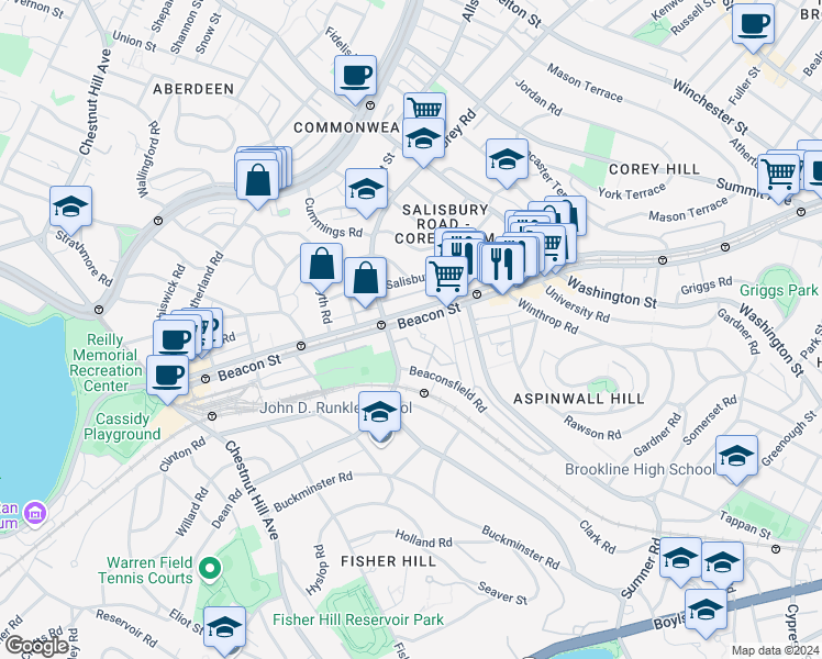 map of restaurants, bars, coffee shops, grocery stores, and more near in Brookline