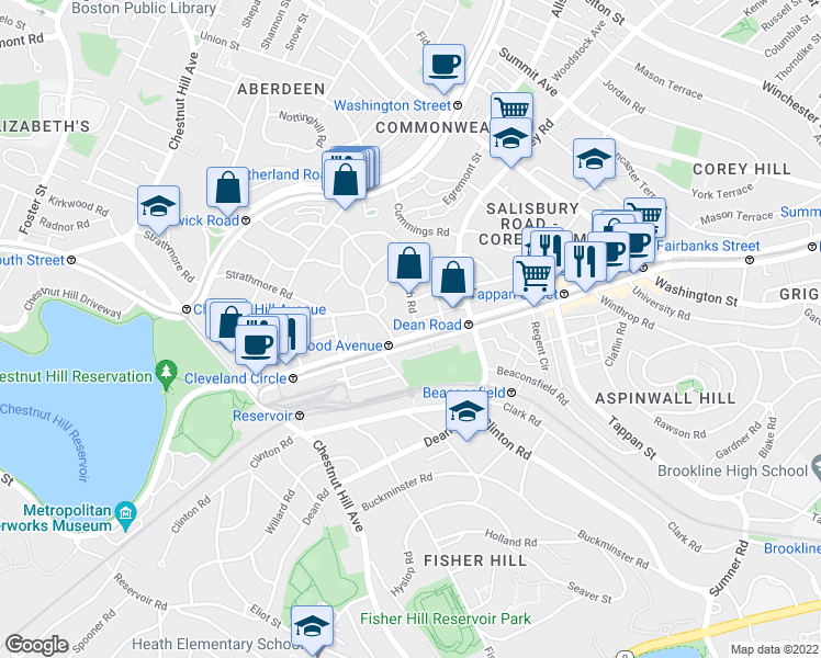 map of restaurants, bars, coffee shops, grocery stores, and more near in Brookline