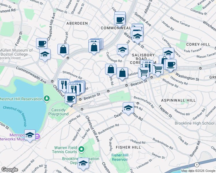 map of restaurants, bars, coffee shops, grocery stores, and more near in Brookline