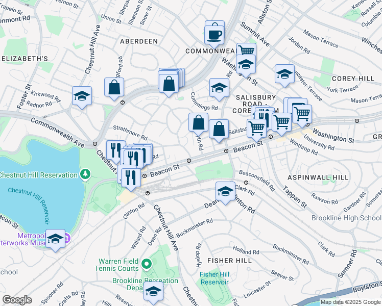 map of restaurants, bars, coffee shops, grocery stores, and more near in Brookline