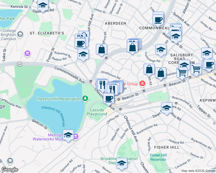 map of restaurants, bars, coffee shops, grocery stores, and more near 4 Chiswick Road in Boston