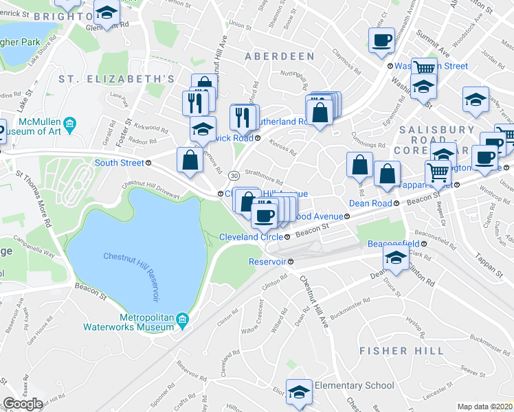 map of restaurants, bars, coffee shops, grocery stores, and more near 4 Chiswick Road in Boston