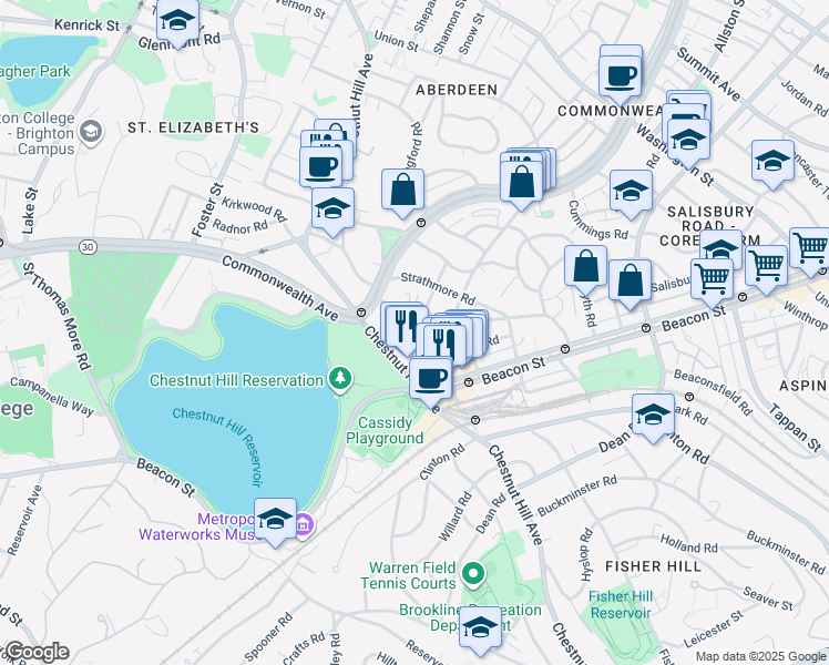 map of restaurants, bars, coffee shops, grocery stores, and more near 4 Chiswick Road in Boston