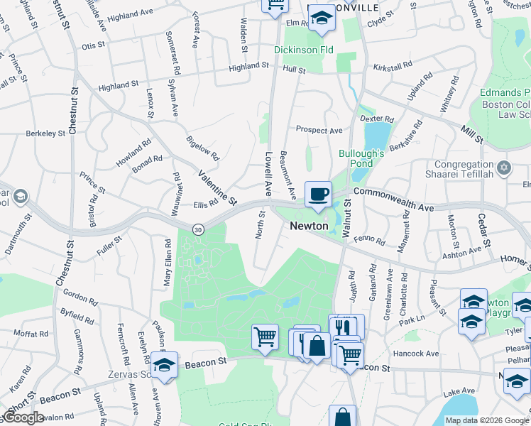 map of restaurants, bars, coffee shops, grocery stores, and more near 15 North Street in Newton