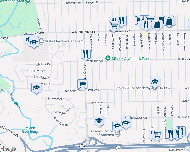 map of restaurants, bars, coffee shops, grocery stores, and more near 6414 Plainview Avenue in Detroit