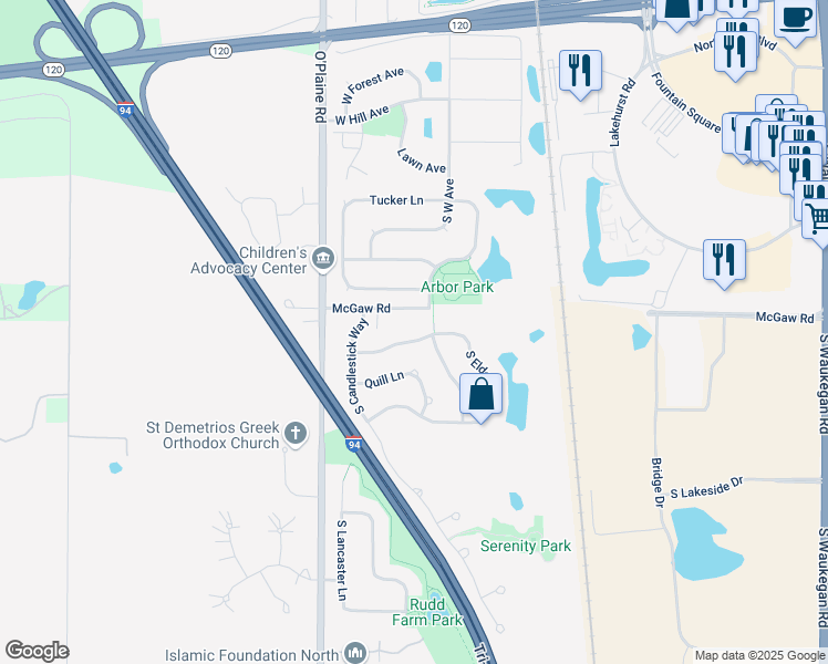 map of restaurants, bars, coffee shops, grocery stores, and more near 4436 West Butternut Lane in Waukegan