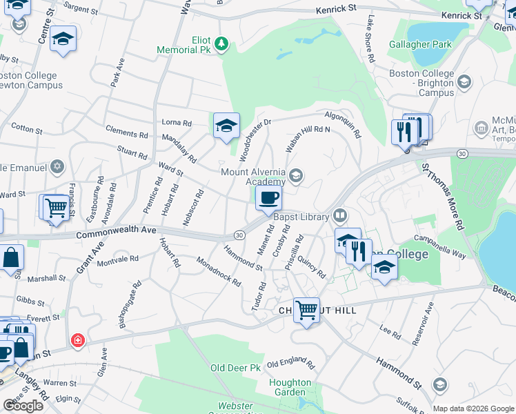 map of restaurants, bars, coffee shops, grocery stores, and more near 108 Ward Street in Newton