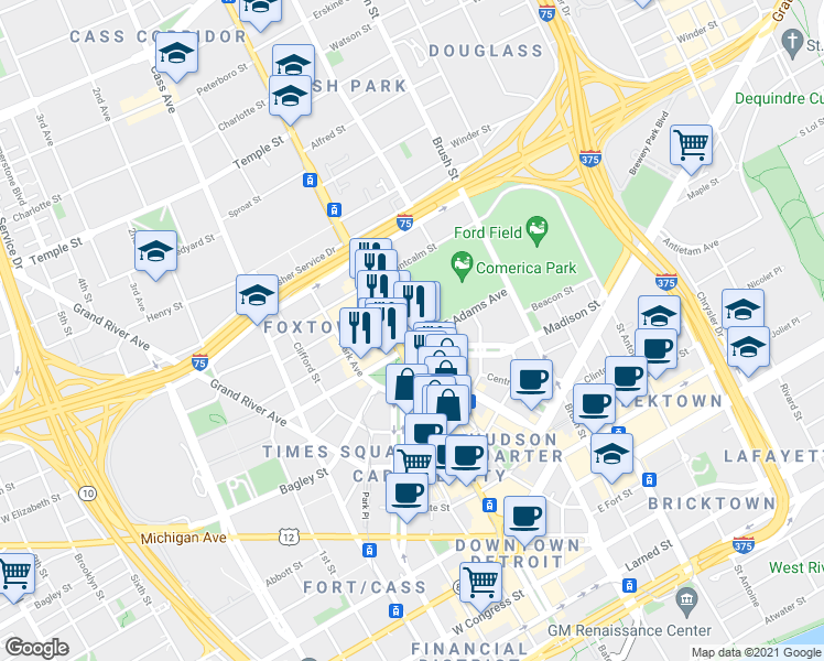 map of restaurants, bars, coffee shops, grocery stores, and more near 25 East Adams Avenue in Detroit