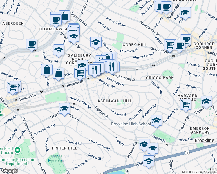 map of restaurants, bars, coffee shops, grocery stores, and more near 10 Claflin Road in Brookline