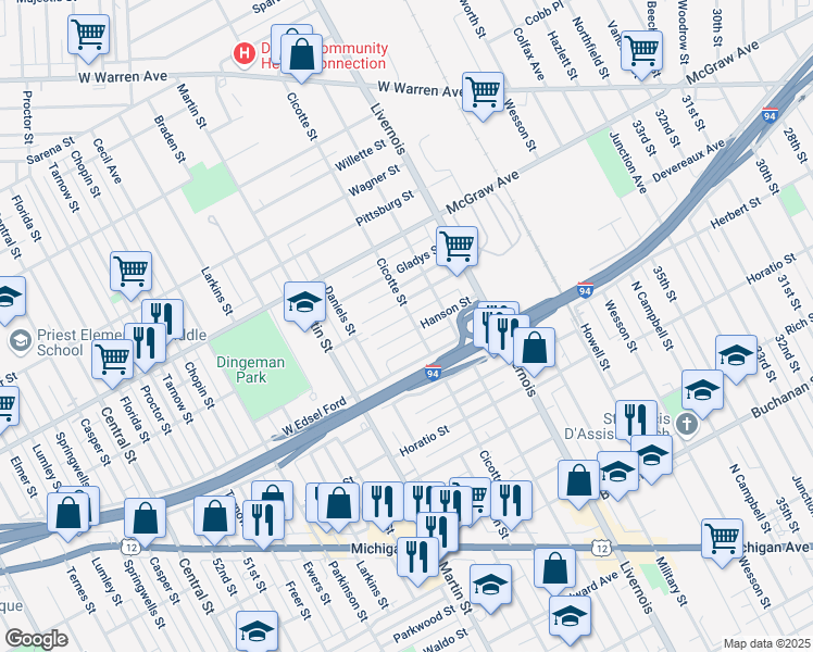 map of restaurants, bars, coffee shops, grocery stores, and more near 6514 Hanson Street in Detroit