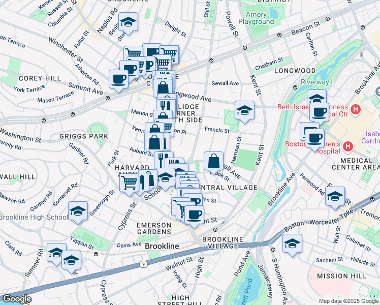 map of restaurants, bars, coffee shops, grocery stores, and more near 4 Saint Paul Street in Brookline