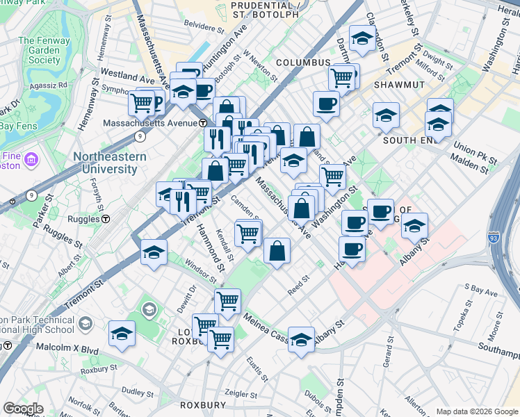 map of restaurants, bars, coffee shops, grocery stores, and more near 85 Camden Street in Boston
