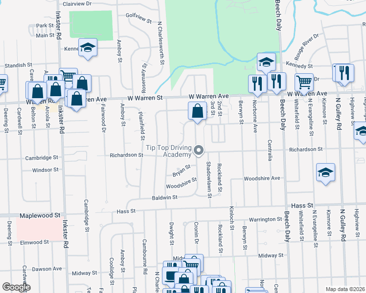 map of restaurants, bars, coffee shops, grocery stores, and more near 26520 Richardson Street in Dearborn Heights