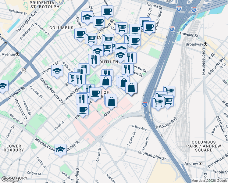 map of restaurants, bars, coffee shops, grocery stores, and more near in Boston