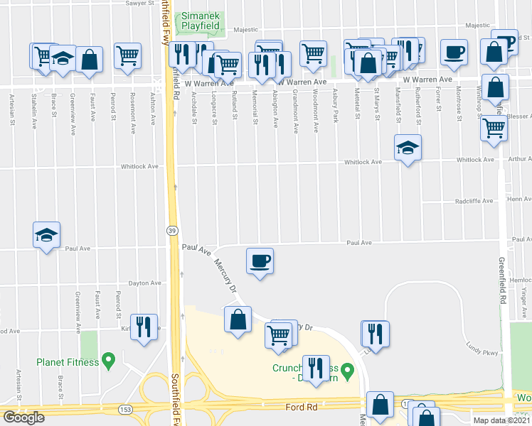 map of restaurants, bars, coffee shops, grocery stores, and more near 6394 Memorial Street in Detroit