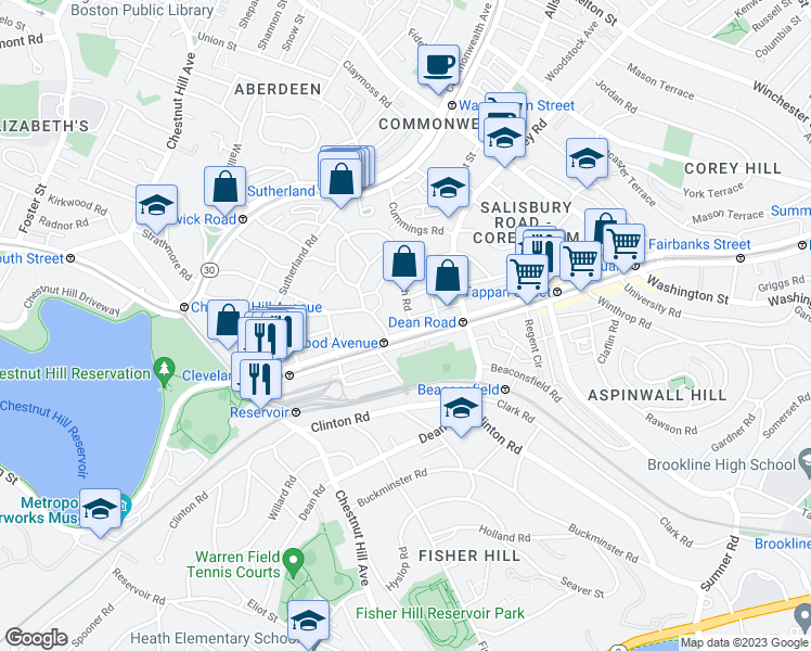 map of restaurants, bars, coffee shops, grocery stores, and more near 1822 Beacon Street in Brookline
