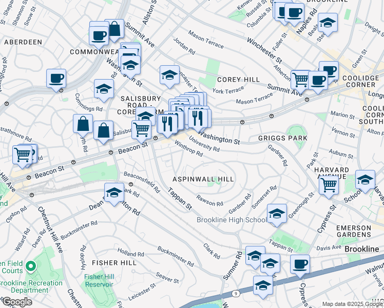 map of restaurants, bars, coffee shops, grocery stores, and more near 168 Winthrop Road in Brookline