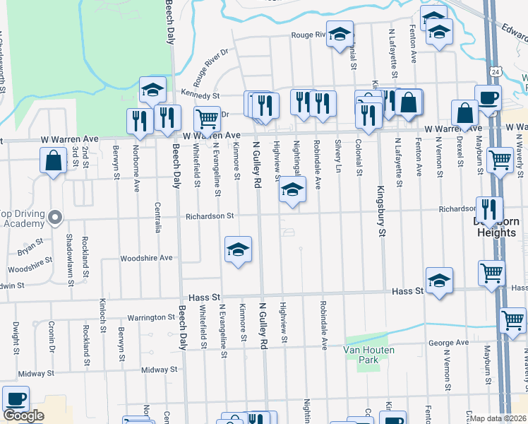 map of restaurants, bars, coffee shops, grocery stores, and more near 6802 North Gulley Road in Dearborn Heights