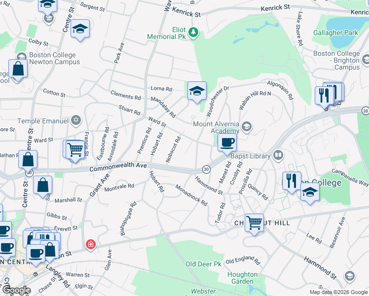 map of restaurants, bars, coffee shops, grocery stores, and more near 21 Merrill Road in Newton