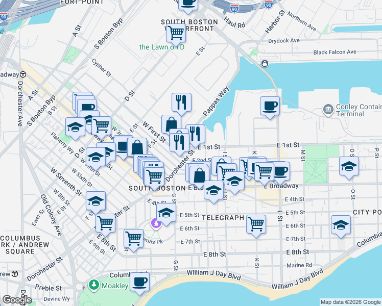 map of restaurants, bars, coffee shops, grocery stores, and more near 7 Dorchester Street in Boston