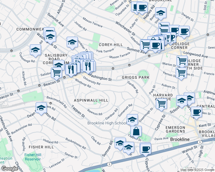 map of restaurants, bars, coffee shops, grocery stores, and more near 107 University Road in Brookline