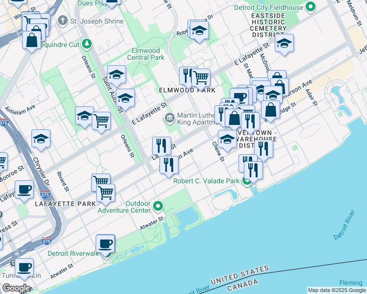 map of restaurants, bars, coffee shops, grocery stores, and more near 2151 East Jefferson in Detroit