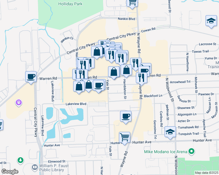 map of restaurants, bars, coffee shops, grocery stores, and more near 35341 Webster St in Westland