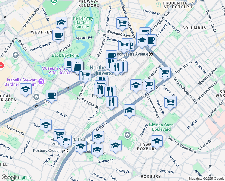 map of restaurants, bars, coffee shops, grocery stores, and more near 120 Forsyth Street in Boston