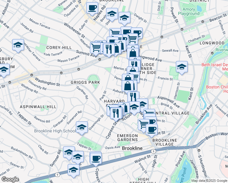 map of restaurants, bars, coffee shops, grocery stores, and more near 9 Auburn Place in Brookline