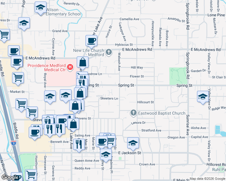 map of restaurants, bars, coffee shops, grocery stores, and more near 905 Wabash Avenue in Medford